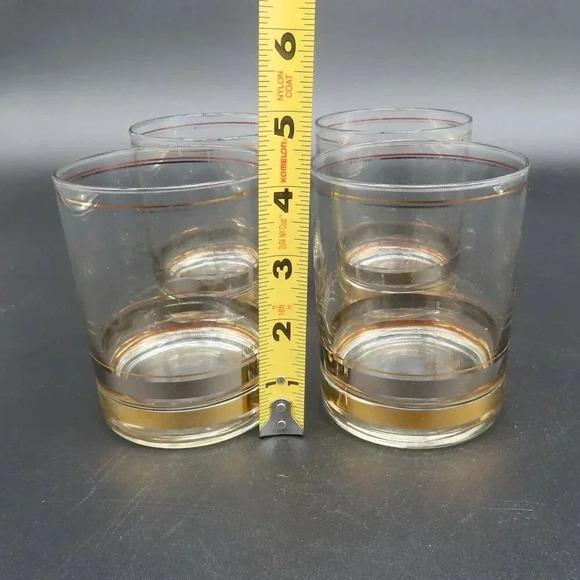 Culver Banded Rocks Low Ball Glasses Gold Silver Old Fashion Set of 4 VTG - Picture 6 of 7